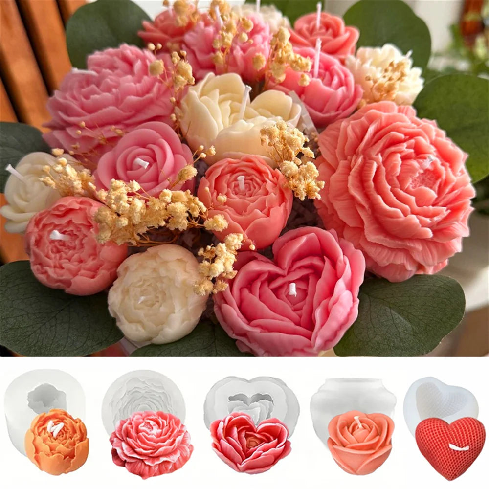 5PCS Floral Silicone Mold Set 3D Peony Rose Heart Flower Mold for Scented Candles Clay Gypsum DIY Bouquet Valentine's Day Decor