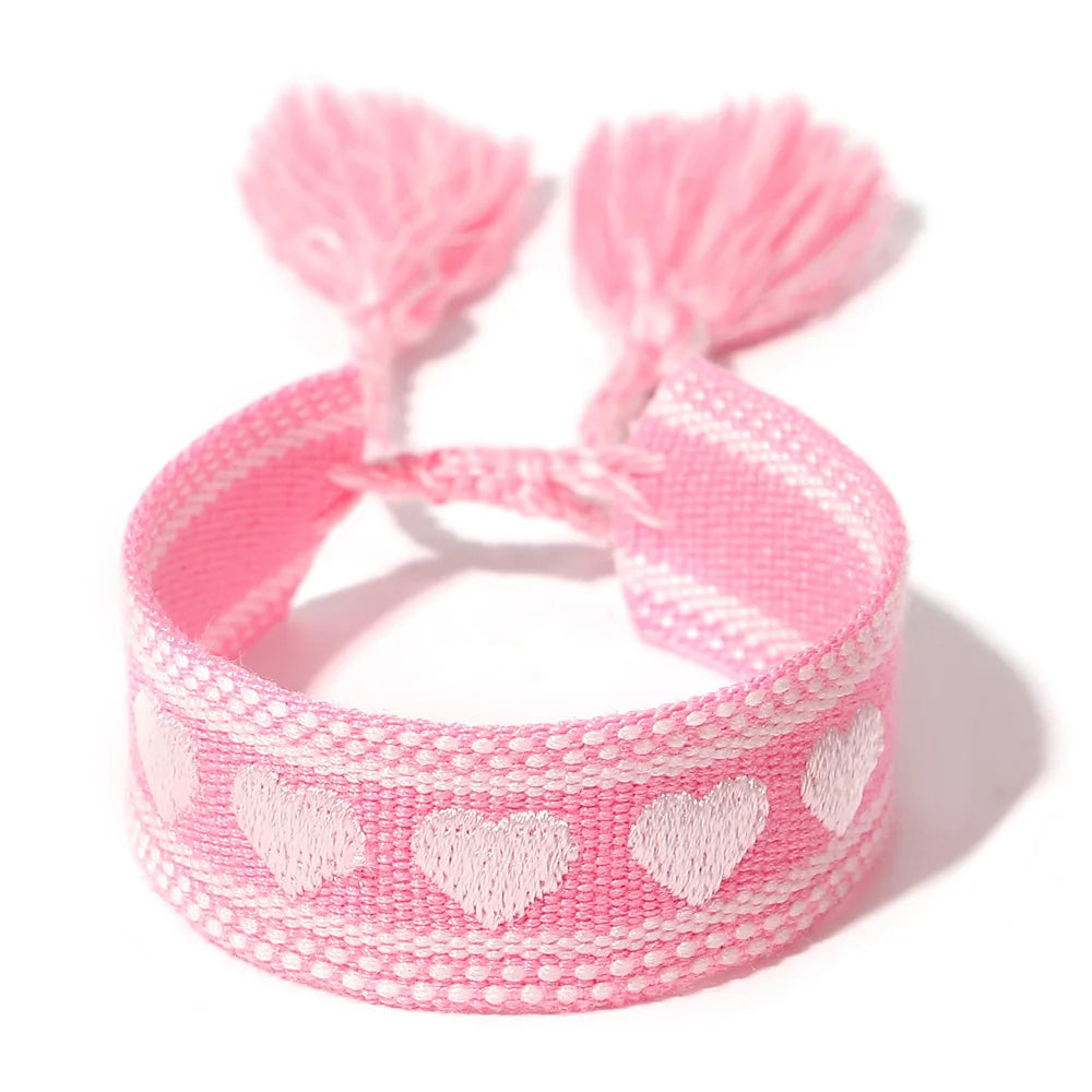 ALLYES Romantic Love Heart Embroidery Woven Bracelet for Women Cotton Fabric Knitted Tassel Bracelets Valentine's Day Gifts