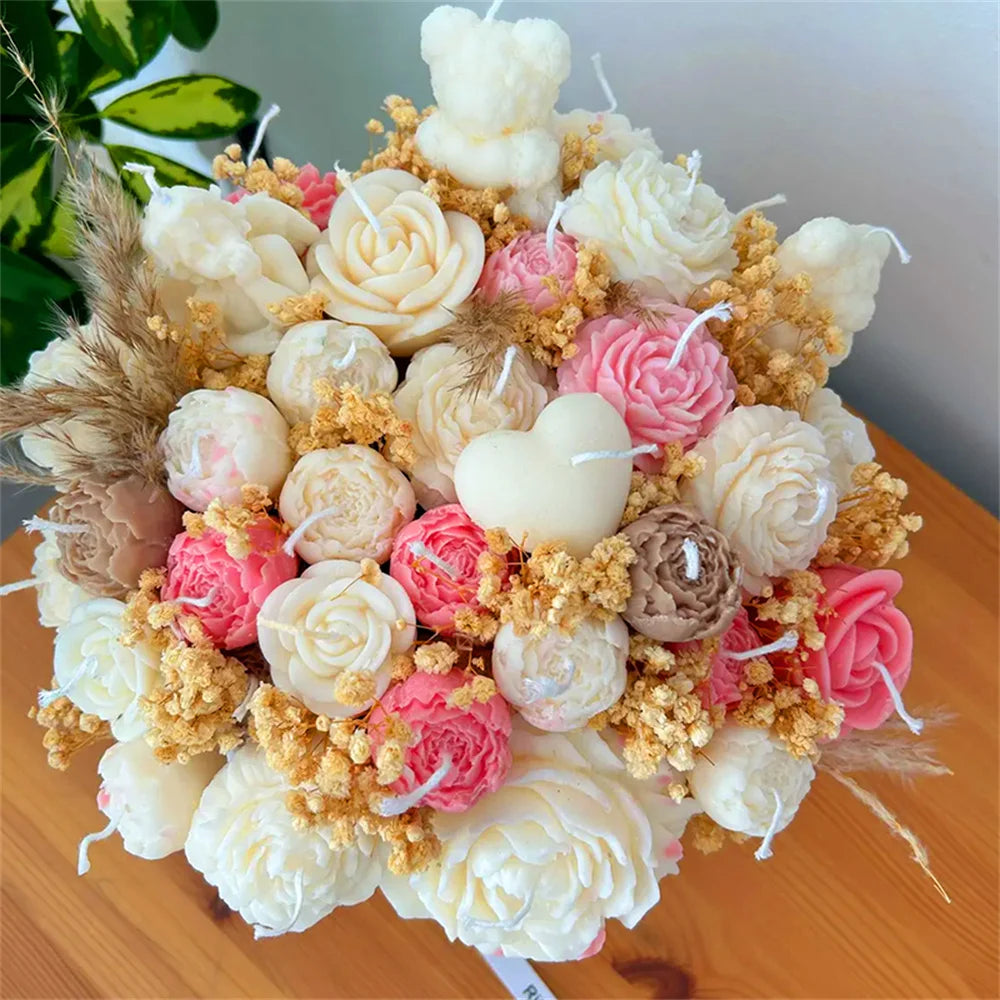 5PCS Floral Silicone Mold Set 3D Peony Rose Heart Flower Mold for Scented Candles Clay Gypsum DIY Bouquet Valentine's Day Decor