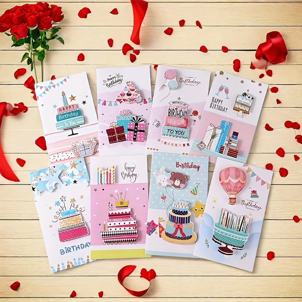 8pcs/set, Birthday 3D Greeting Cards With Envelopes, Greeting Cards, Christmas Greeting Cards,  Blessings Greeting Cards