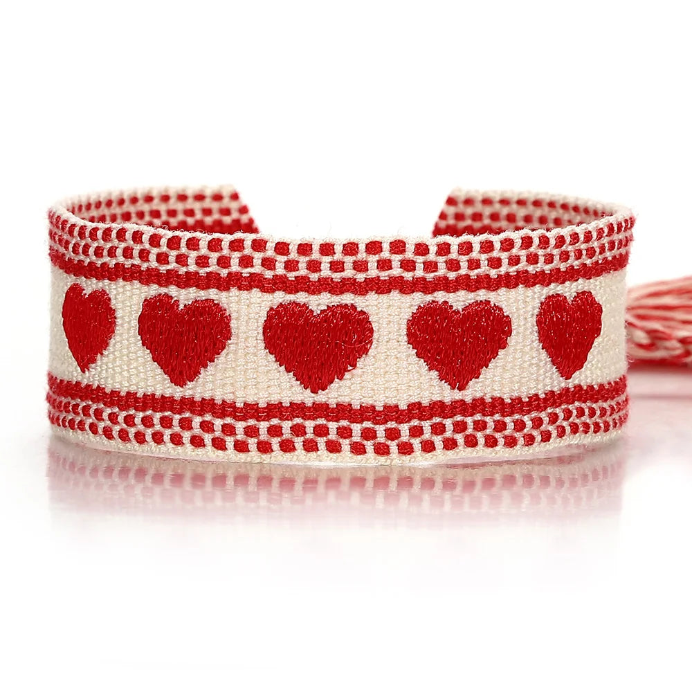 ALLYES Romantic Love Heart Embroidery Woven Bracelet for Women Cotton Fabric Knitted Tassel Bracelets Valentine's Day Gifts