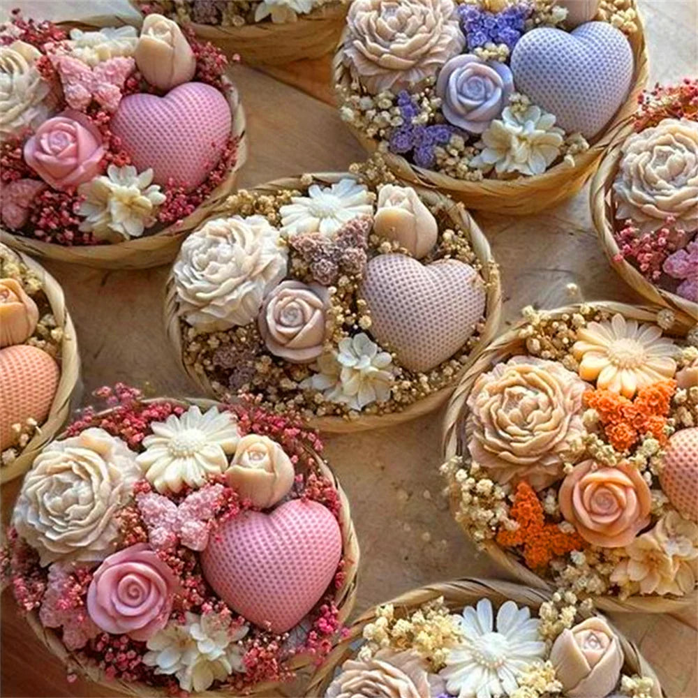 5PCS Floral Silicone Mold Set 3D Peony Rose Heart Flower Mold for Scented Candles Clay Gypsum DIY Bouquet Valentine's Day Decor