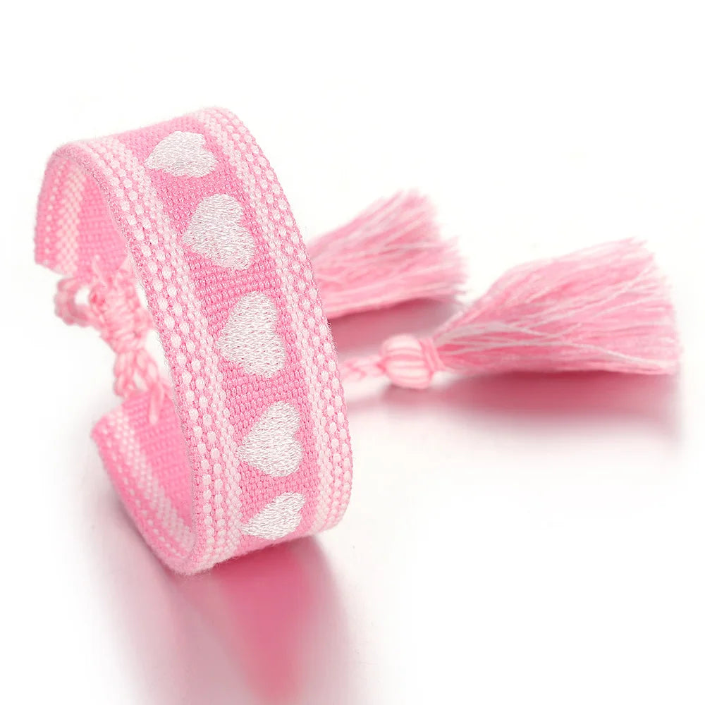 ALLYES Romantic Love Heart Embroidery Woven Bracelet for Women Cotton Fabric Knitted Tassel Bracelets Valentine's Day Gifts