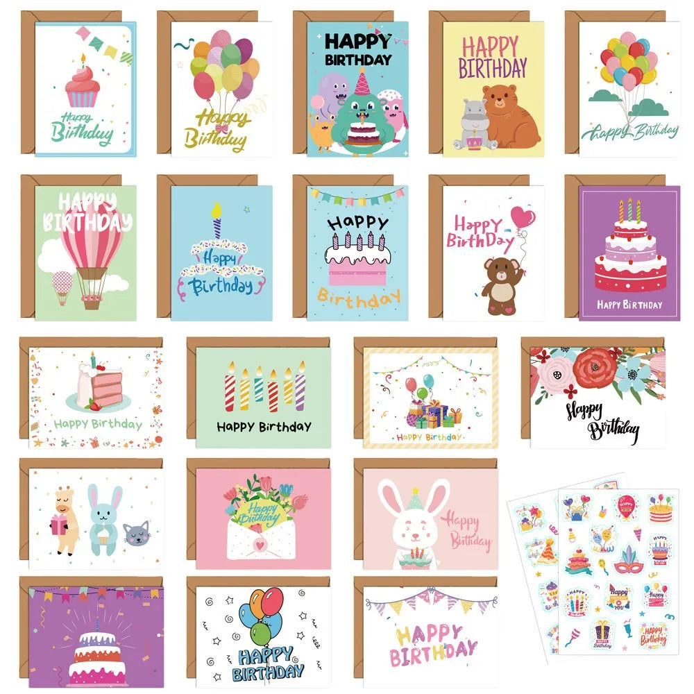 20-Pack Birthday Greeting Cards Set with Envelopes and Stickers,Cartoon Pattern, Multi-Design Paper Cards for Any Recipient