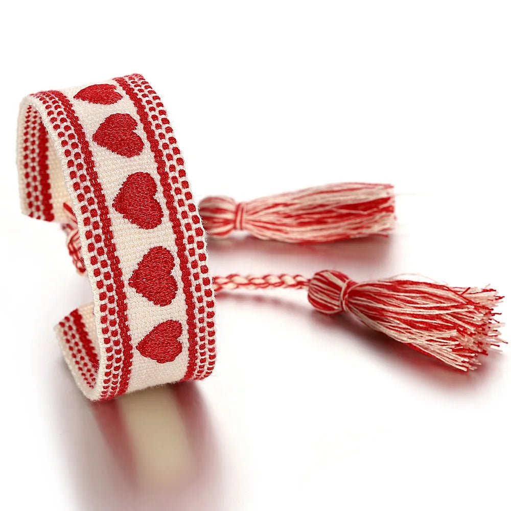 ALLYES Romantic Love Heart Embroidery Woven Bracelet for Women Cotton Fabric Knitted Tassel Bracelets Valentine's Day Gifts